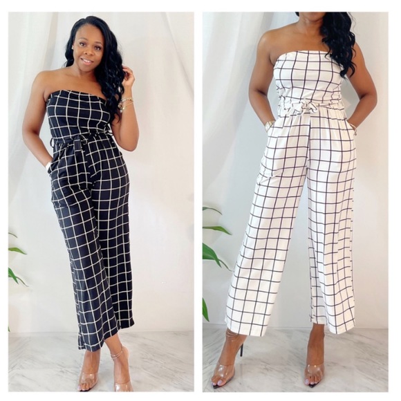Luxuriance Style | Boutique Pants - Women’s Black/White Off Shoulder Belted Jumpsuit